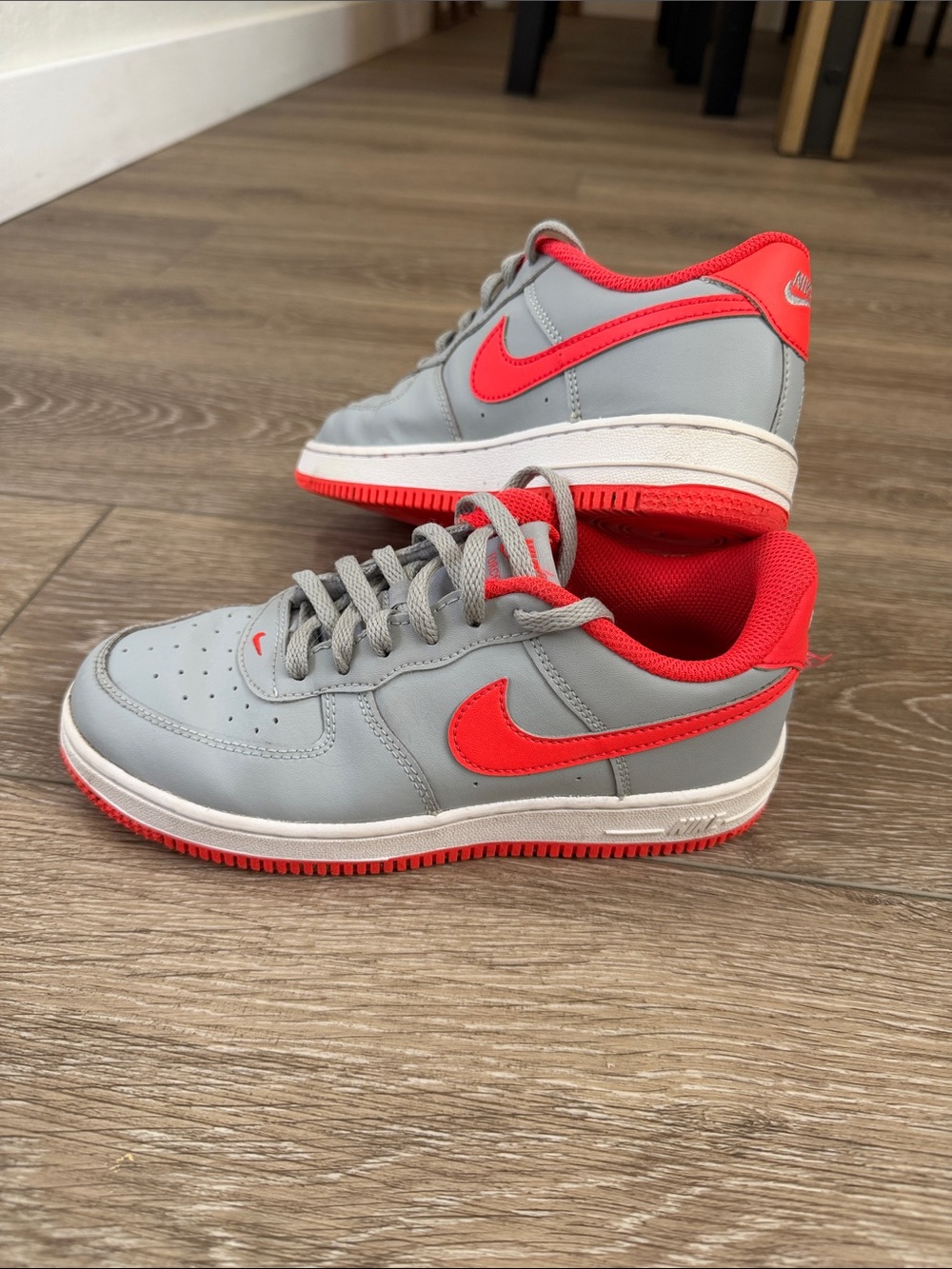 Nike Air Force 1s. Youth Size 3. Grey with Neon Red